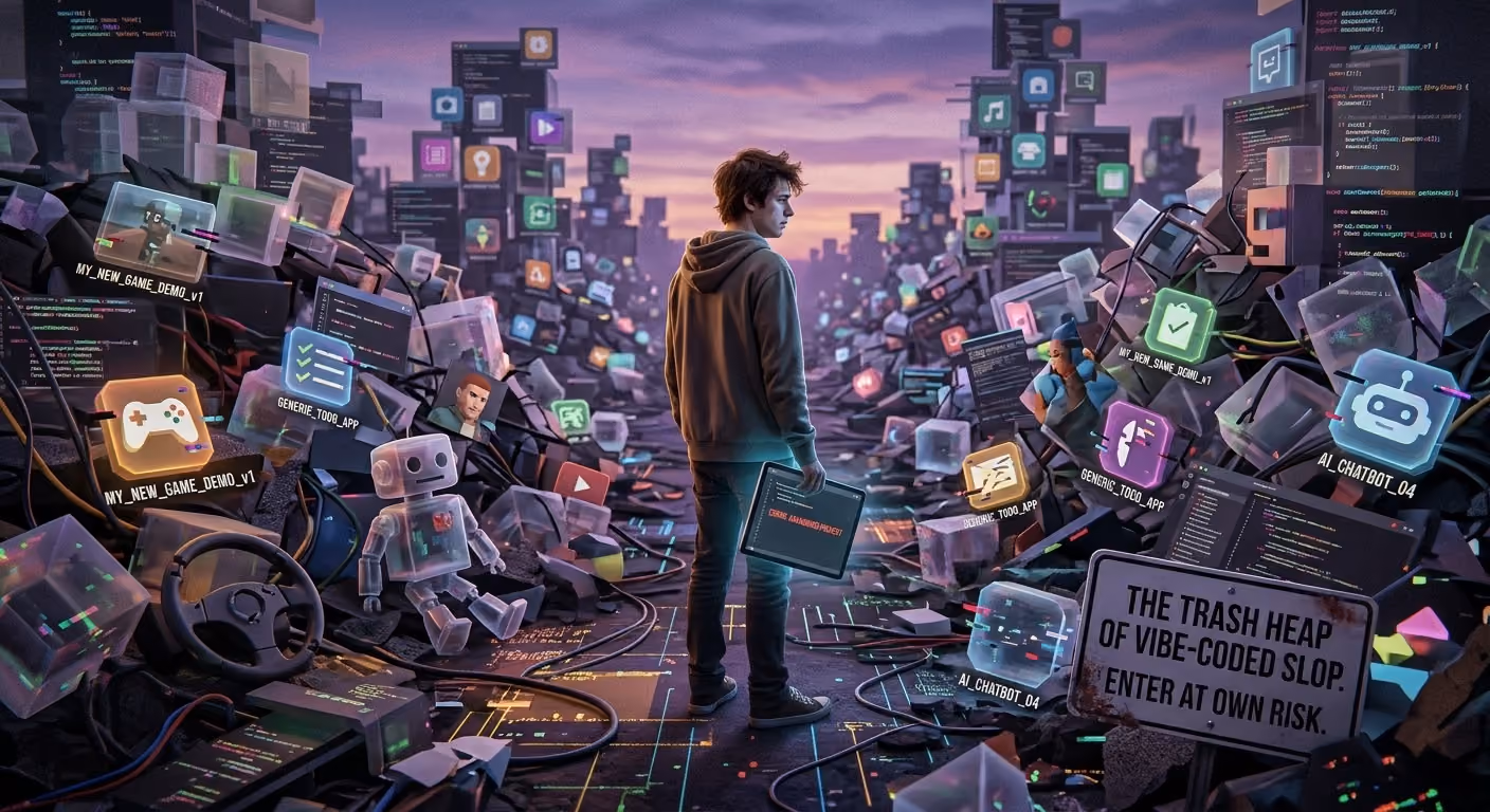 A digital art illustration of a person standing in a vast junkyard composed of floating glowing screens, abandoned code repositories, and app icons. The screens display game controller logos, identical generic apps, and lines of code. A neon sign in the foreground reads, "THE TRASH HEAP OF VIBE-CODED SLOP. ENTER AT OWN RISK.